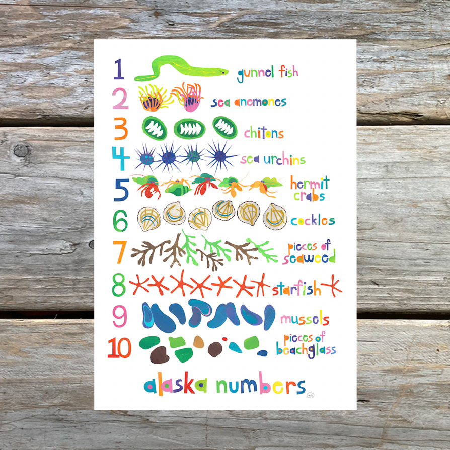 Alaska Numbers Art Card featuring colorful hand-painted watercolor design by Natasha Zahn Studio