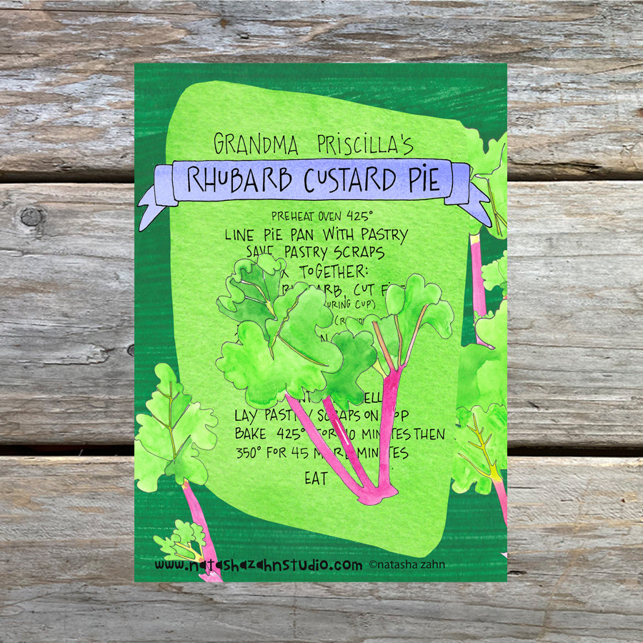 Rhubarb Pie Illustrated Recipe 5 x 7 Art Card of