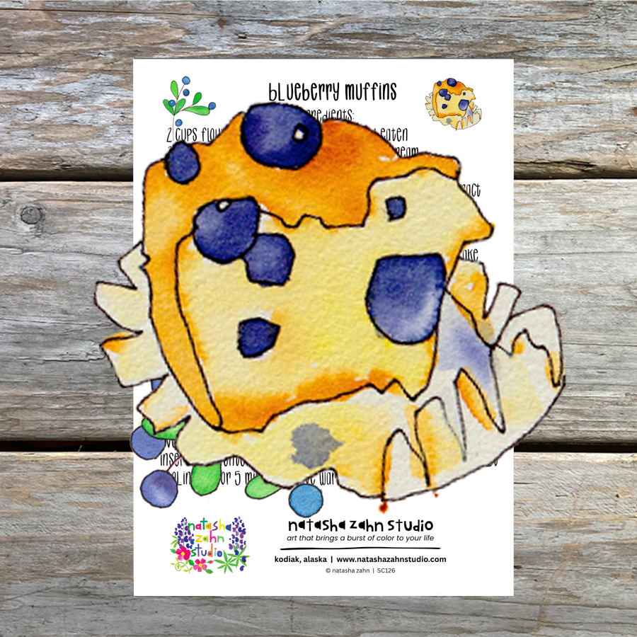 Blueberry Muffins Illustrated Recipe 5 x 7 Art Card