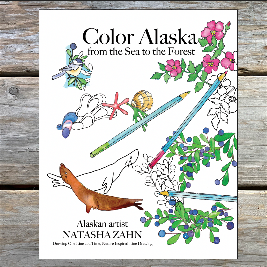 Color Alaska Coloring Book featuring colorful hand-painted watercolor design by Natasha Zahn Studio
