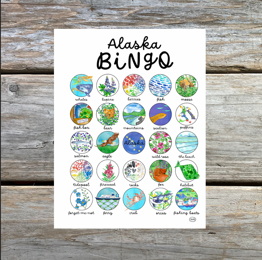 Alaska Bingo Art Card featuring colorful hand-painted watercolor design by Natasha Zahn Studio