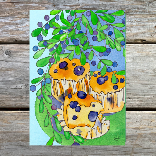 Blueberry Muffins Illustrated Recipe 5 x 7 Art Card