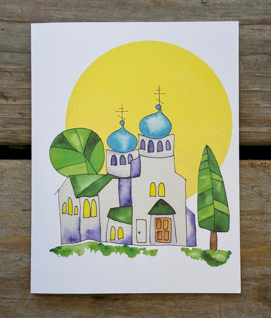 Blue Domes Note Card featuring colorful hand-painted watercolor design by Natasha Zahn Studio