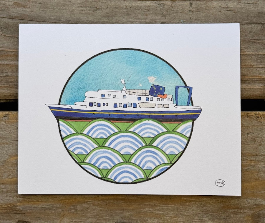 Alaska Ferry Note Card featuring colorful hand-painted watercolor design by Natasha Zahn Studio